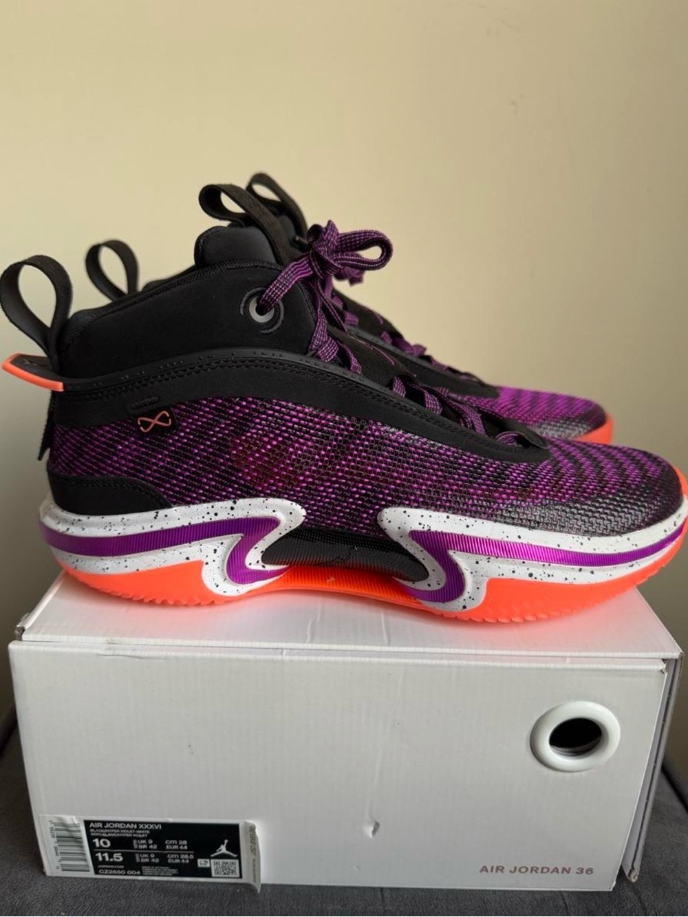 Jordan Men’s Purple and Orange High-Top Sneakers (Size 10) - gently used